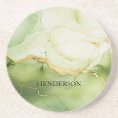 Modern Sage Groen en Goud Gepersonaliseerd Monogra Zandsteen Onderzetter (Voorkant)