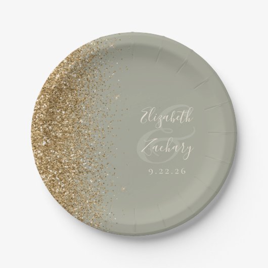 Modern Sage Groen Goud Glitter Edge Bruiloft Papieren Bordje (Voorkant)