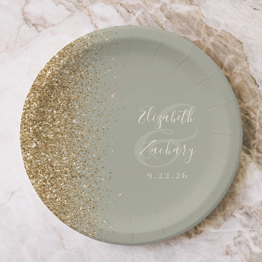 Modern Sage Groen Goud Glitter Edge Bruiloft Papieren Bordje