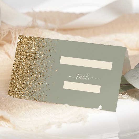 Modern Sage Groen Goud Glitter Edge Bruiloft Plaatskaartje