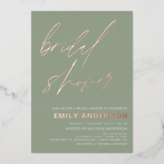 Modern Sage Groen Roos Goud Vrijgezellenfeest Chic Folie Uitnodiging (Voorkant)