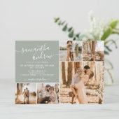 Modern sage groen script 6 foto's bruiloft kaart (Staand voorkant)