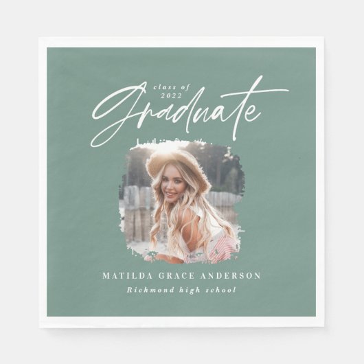 Modern sage groen script foto elegant afstuderen servet (Voorkant)