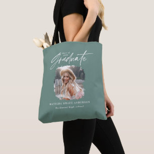 Modern sage groen script foto elegant afstuderen tote bag