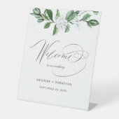 Modern Sage groen wit bloemenbruiloft welkom Reclamebord Met Voetstuk (Voorkant)