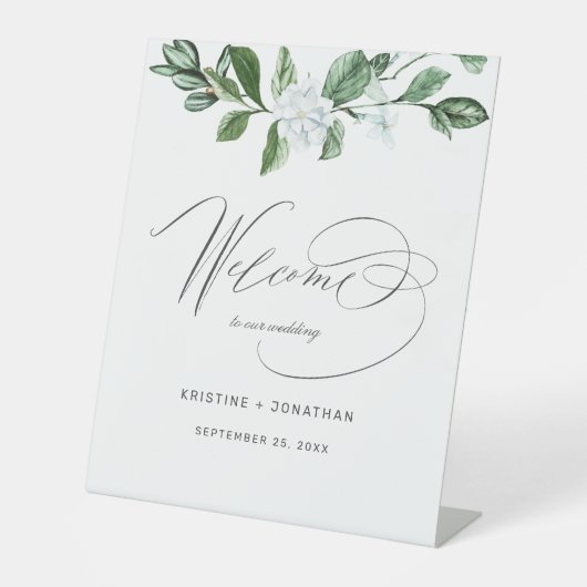Modern Sage groen wit bloemenbruiloft welkom Reclamebord Met Voetstuk (Voorkant)