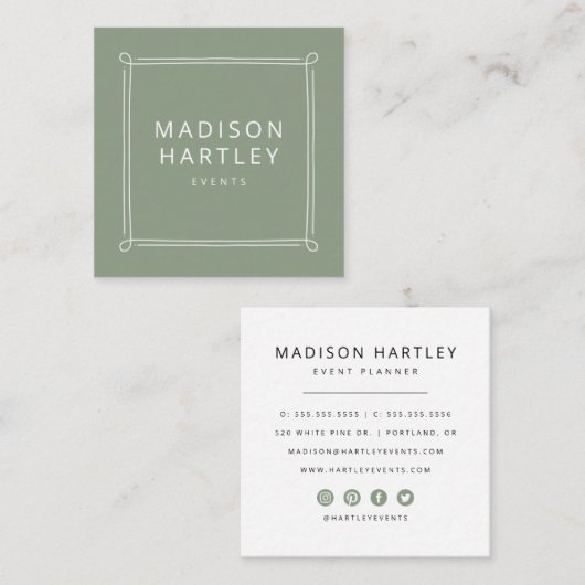 Modern Sage Groen & Wit Decoratief Lijst Vierkante Visitekaartje (Voorkant / Achterkant)