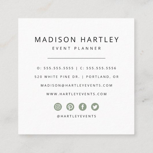 Modern Sage Groen & Wit Decoratief Lijst Vierkante Visitekaartje (Achterkant)