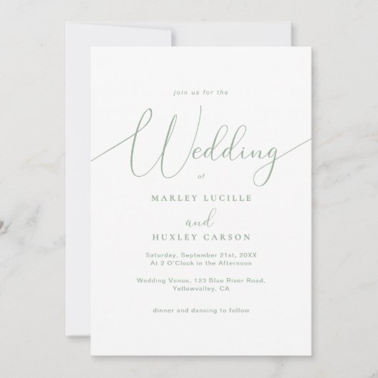 Modern Sage Groen Wit Elegant Script Trouwen Kaart (Voorkant)