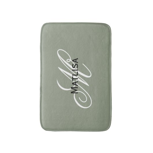 Modern Sage Groen & Wit Monogram Naam Initialen Badmat (Voorkant Verticaal)