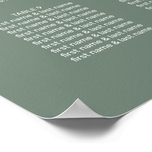 Modern Sage Groen Wit Script Bruiloft Zitplaatsen Poster (Hoek)