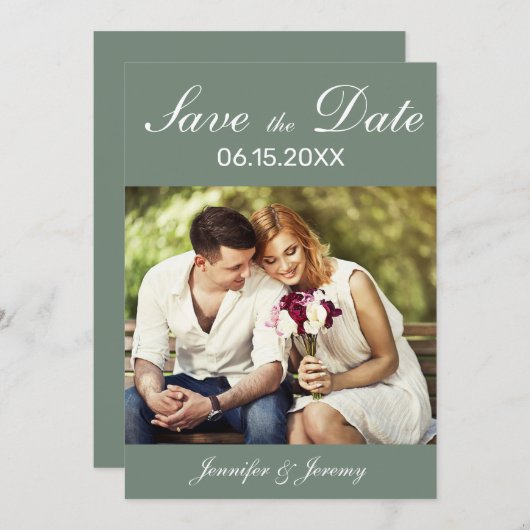 Modern Sage Groen Wit Script Foto Bruiloft Save The Date (Voorkant / Achterkant)