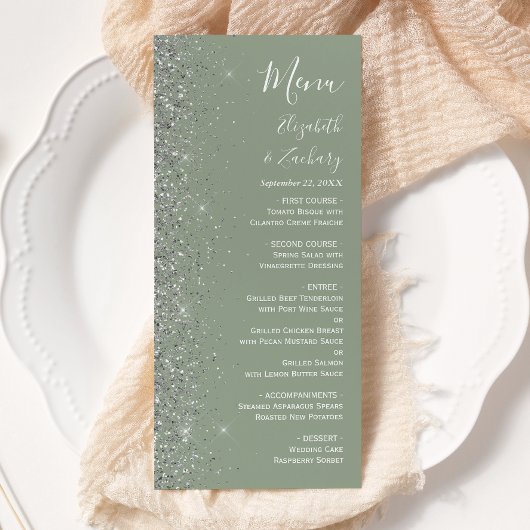 Modern Sage Groen Zilver Glitter Edge Bruiloft Menu
