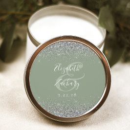 Modern Sage Groen Zilver Glitter Edge Bruiloft Ronde Sticker