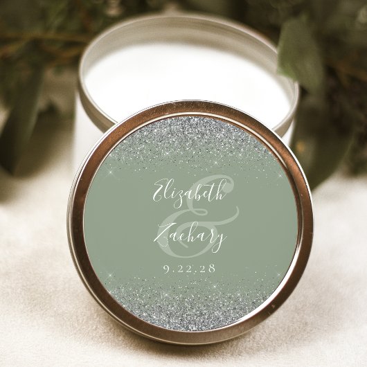 Modern Sage Groen Zilver Glitter Edge Bruiloft Ronde Sticker