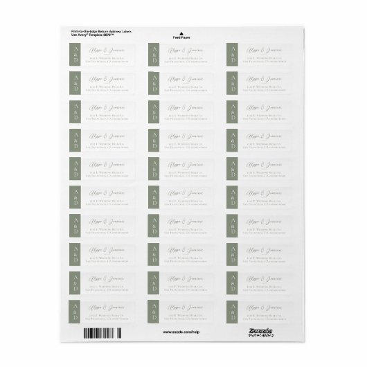 Modern Sage Groene Initialen Bruiloft Retouradres Etiket (Full Sheet)