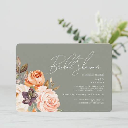 Modern Sage Groene Perzik Bloemen Vrijgezellenfees Kaart (Staand voorkant)
