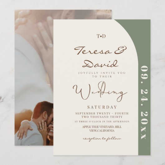 Modern Sage Photo Wedding Kaart (Voorkant / Achterkant)