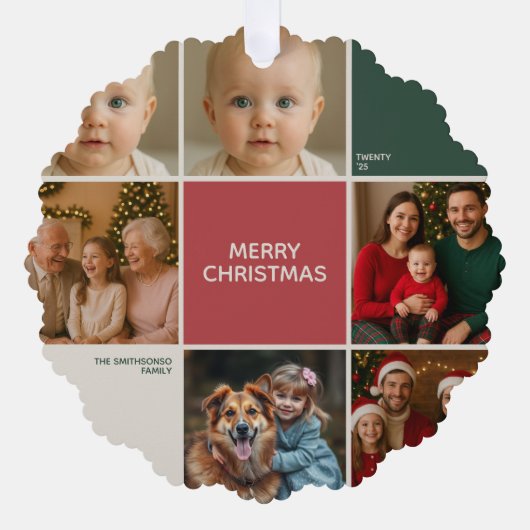Modern Sage RED collage vrolijk kerstfeest Ornament Kaart (Voorkant)
