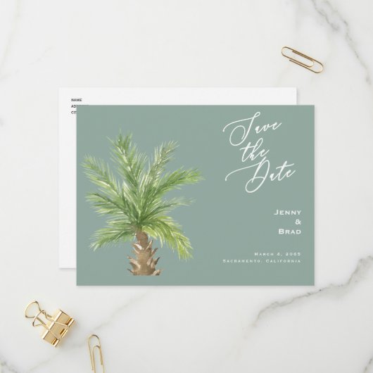 Modern Sage Tropical Foliage Wedding Save the Date Uitnodiging Briefkaart (Voorkant / Achterkant in situ)