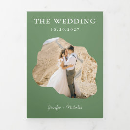 Modern Sage Wedding RSVP Details QR Code Foto Drieluik Uitnodiging