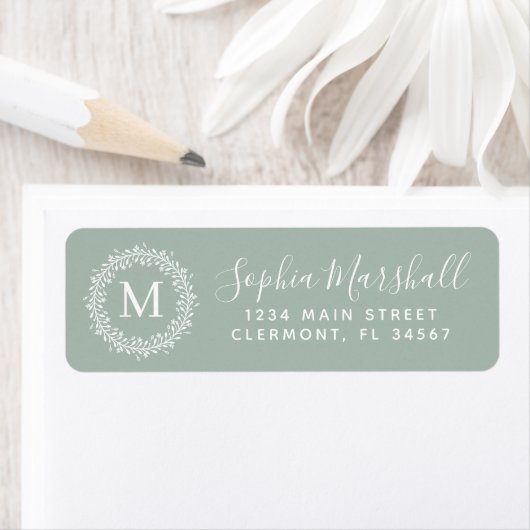 Modern Sage White Monogram Return Address Label (Insitu)