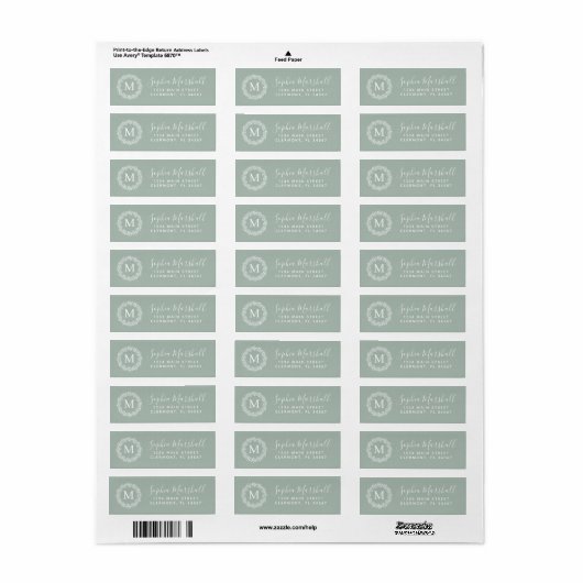 Modern Sage White Monogram Return Address Label (Full Sheet)