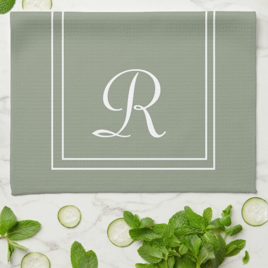 Modern Sage & White Stripe Monogram Personalised Theedoek (Gevouwen)