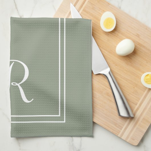 Modern Sage & White Stripe Monogram Personalised Theedoek (Quarter Fold)