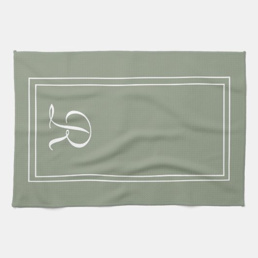 Modern Sage & White Stripe Monogram Personalised Theedoek (Horizontaal)