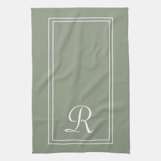 Modern Sage & White Stripe Monogram Personalised Theedoek (Verticaal)