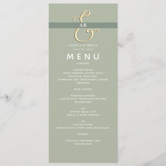 Modern Sagemgroen Trouwmenu Menu (Voorkant)