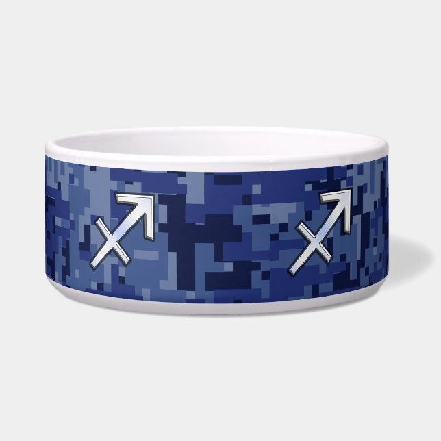 Modern Sagittarius Zodiac Sign Navy Digital Camo Voerbakje (Voorkant)
