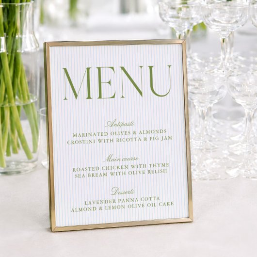 Modern saliegroen en blauwe strepen trouwmenu