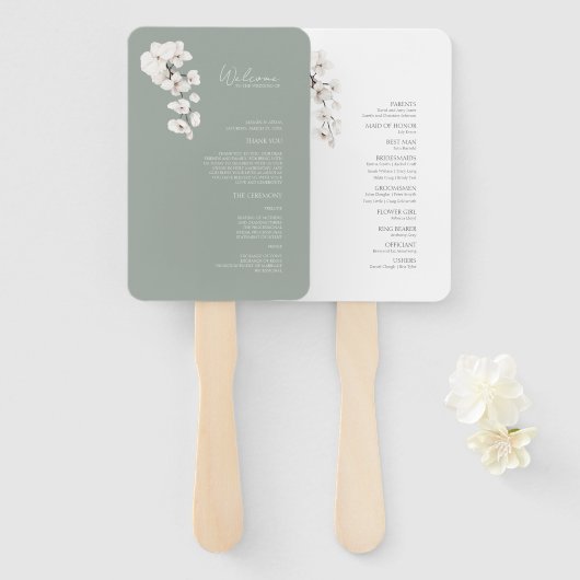 Modern Saliegroen Witte Orchidee Huwelijksprogramm Handwaaier (Voorkant en achterkant)