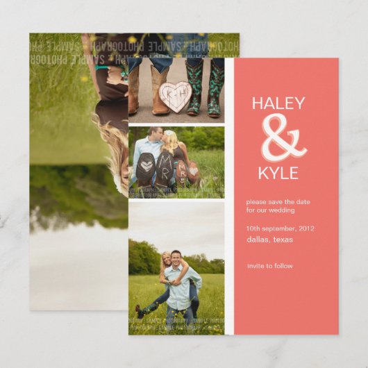 Modern Salmon & White Save the Date Foto Briefkaar Aankondigingskaart (Voorkant / Achterkant)