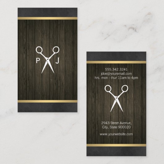 Modern Salon Shears Wood Canvas Trim Monogram Visitekaartje (Voorkant / Achterkant)