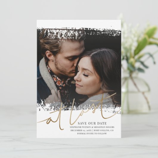 Modern Save Onze Datum Foto Goud & Wit Kaart (Staand voorkant)