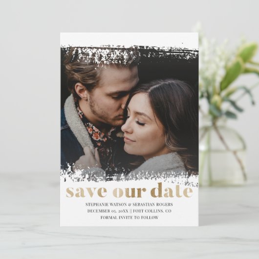 Modern Save Onze Datum Foto Goud & Wit Kaart (Staand voorkant)