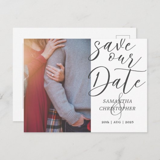 Modern Save Our Date Photo Elegant Script Wedding Aankondigingskaart (Voorkant / Achterkant)