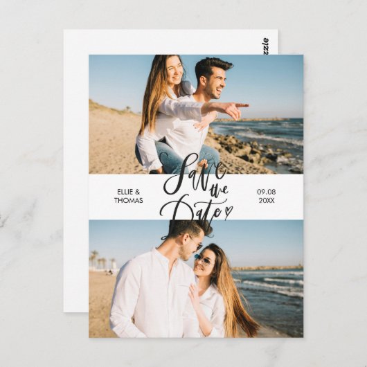 Modern Save the Date 2 Photo Collage Script Briefkaart (Voorkant / Achterkant)