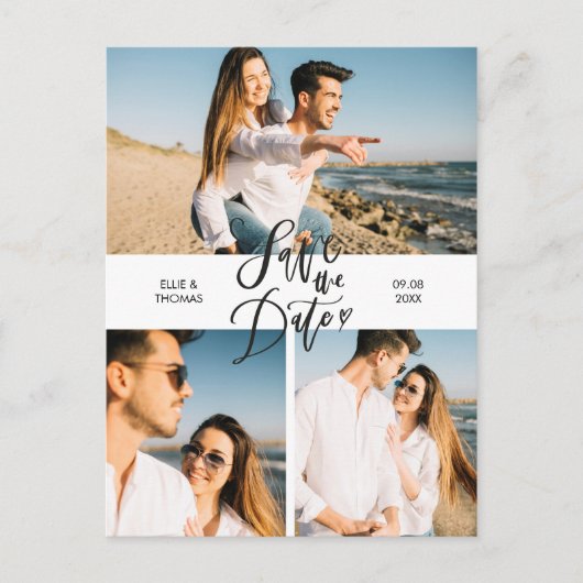 Modern Save the Date 3 Photo Collage Script Briefkaart (Voorkant)