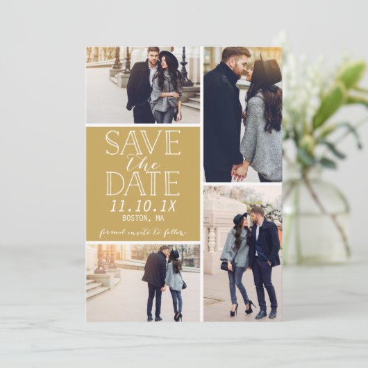 Modern Save the Date 4-Photo Collage Gold (Staand voorkant)