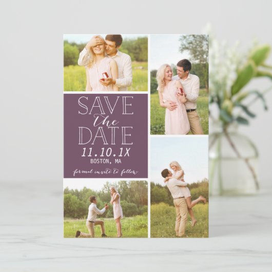 Modern Save the Date 4-Photo Paars Collage (Staand voorkant)