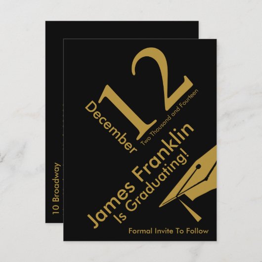 Modern Save The Date Afstuderen Zwart en Goud Aankondigingskaart (Voorkant / Achterkant)