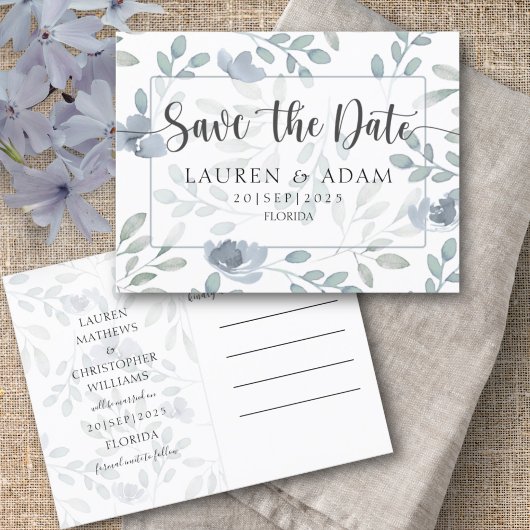 Modern Save the Date Dusty Blue Eucalyptus Floral Aankondigingskaart