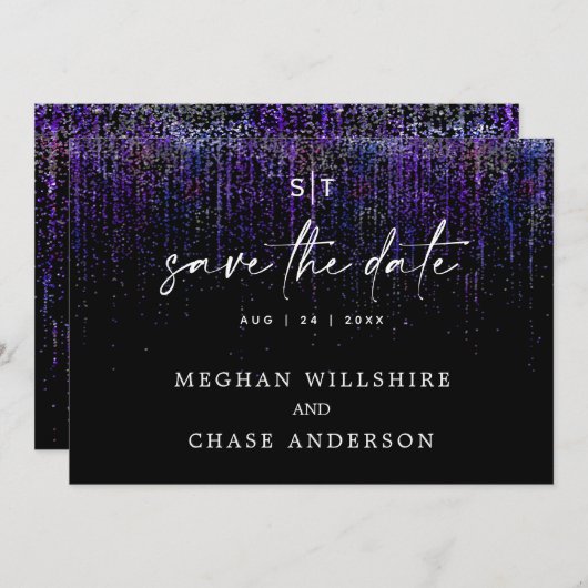 Modern Save the Date Edgy Paarse Glitter Kaart (Voorkant / Achterkant)