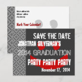 Modern Save the Date Graduation Party Rood Zwart Aankondigingskaart (Voorkant / Achterkant)
