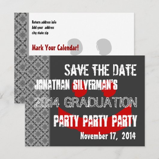 Modern Save the Date Graduation Party Rood Zwart Aankondigingskaart (Voorkant / Achterkant)