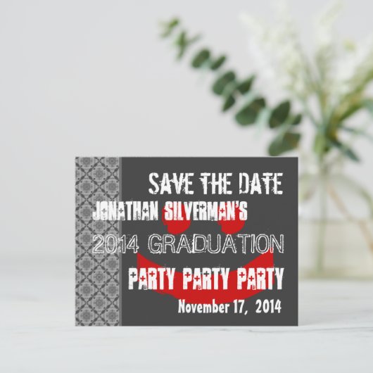 Modern Save the Date Graduation Party Rood Zwart Aankondigingskaart (Staand voorkant)